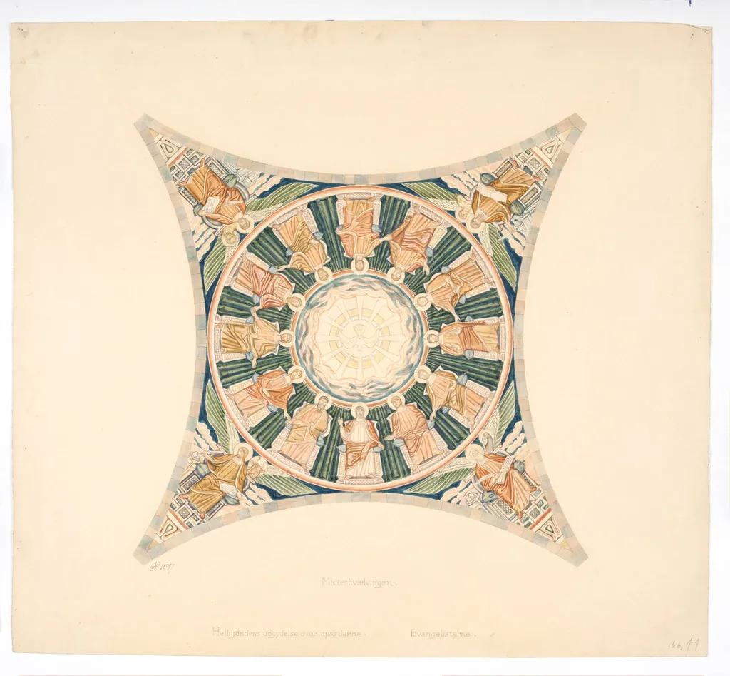 Udkast til freskerne i Viborg Domkirke. Midterhvælvingen, by Unknown, unspecified, 1897