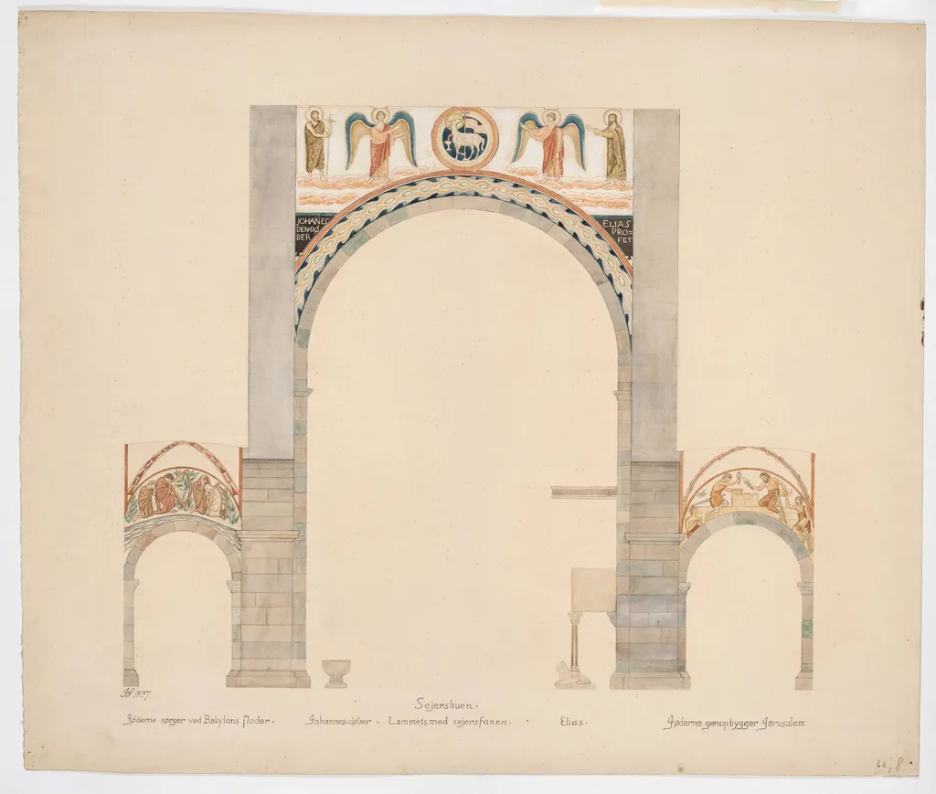 Udkast til freskerne i Viborg Domkirke. Sejrsbuen, by Unknown, unspecified, 1897