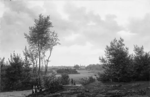 Udsigt fra Munkevang over Frederiksborg ved solnedgang, by Unknown