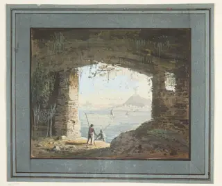Udsigt fra ruin over havbugt med vulkan, by Unknown, 1750