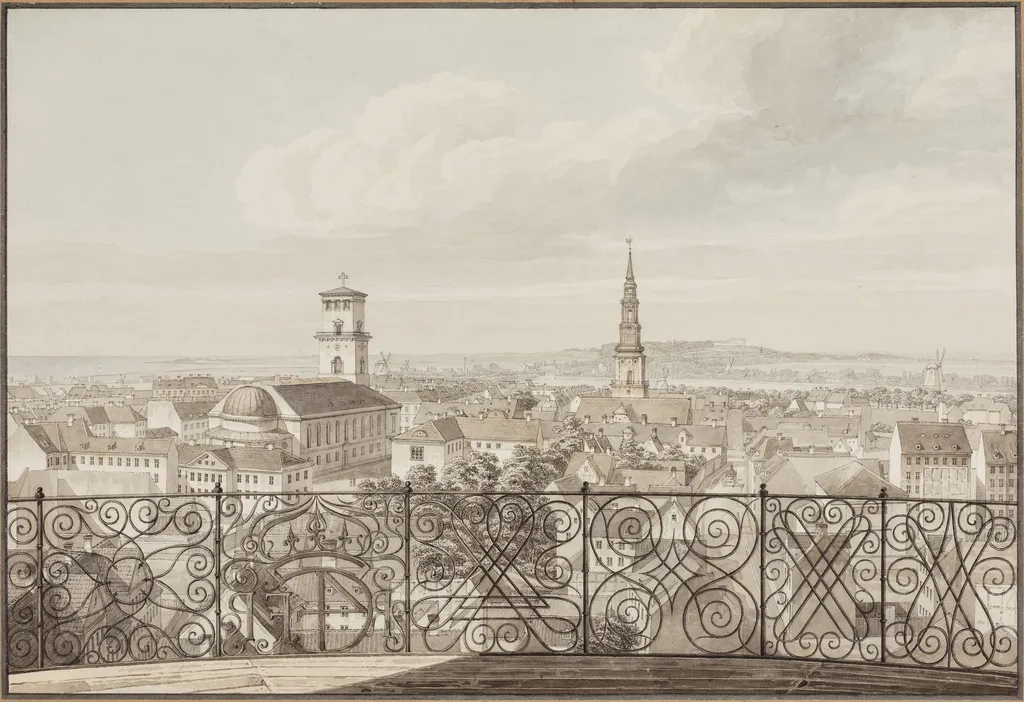 Udsigt fra Rundetårn over København til Frederiksberg Slot, by Unknown, unspecified, 1832