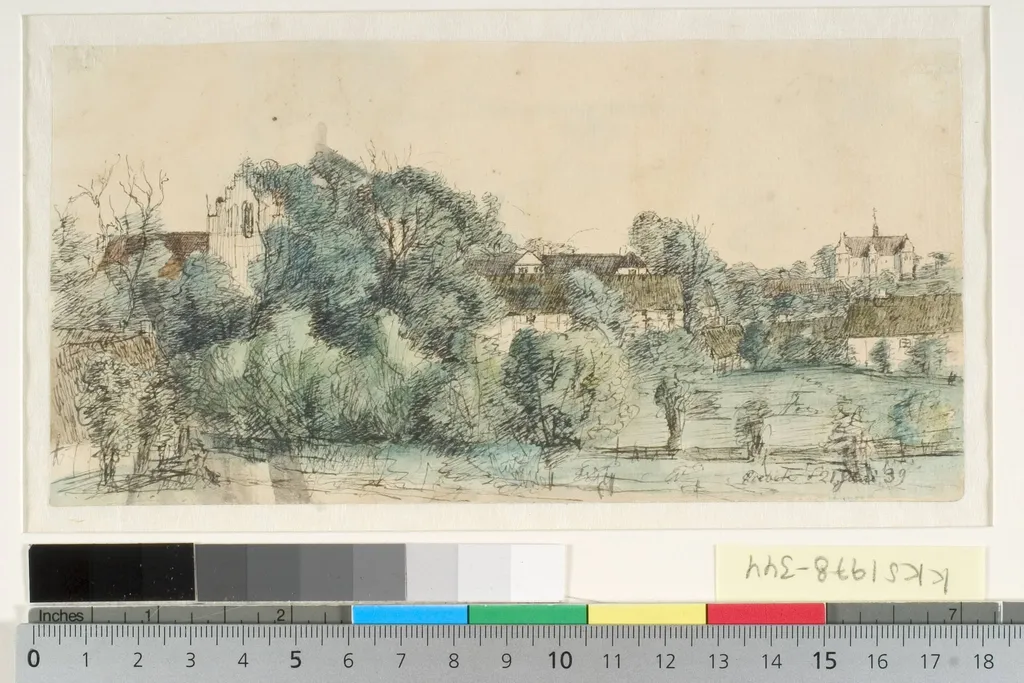 Udsigt mod Ørbæk præstegård og kirke, by Unknown, unspecified, 1839