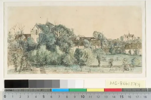 Udsigt mod Ørbæk præstegård og kirke, by Unknown