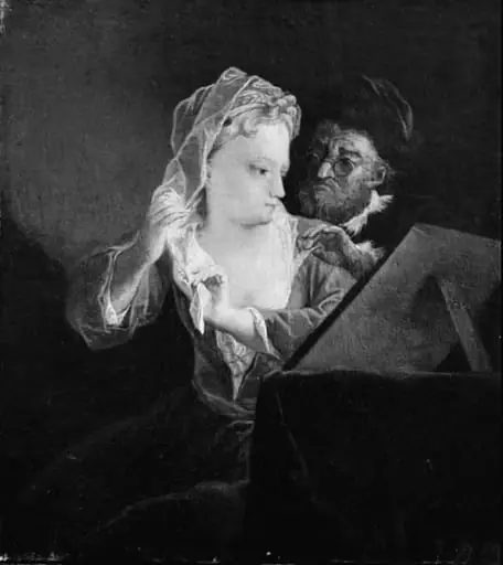 Ung kvinde der spejler sig, mens en gammel mand ser til, by Unknown