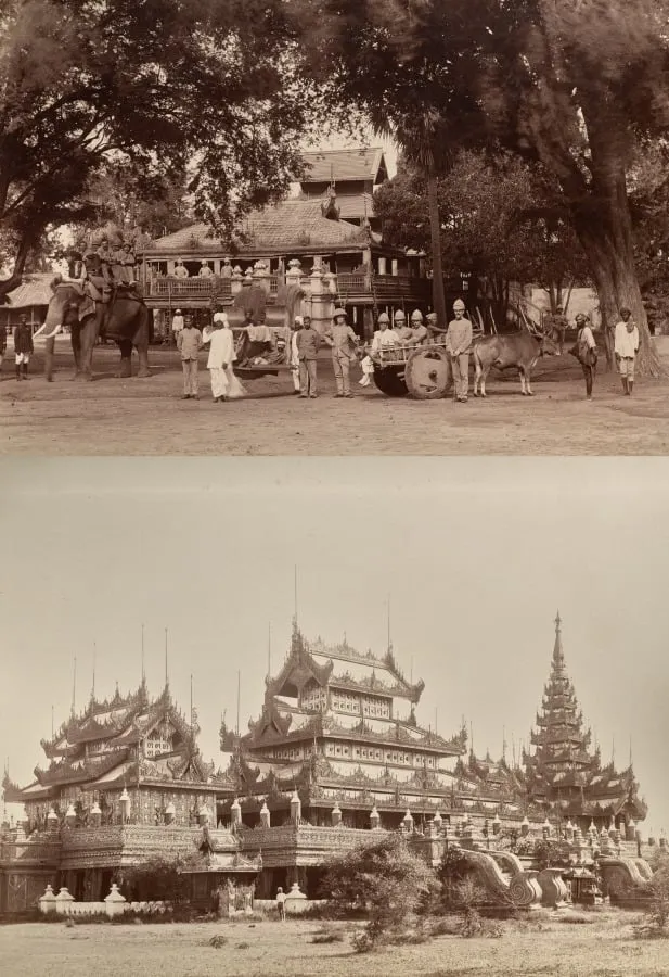 Untitled: (British soldiers, man on palequin, and indigenous workers); (ornate buildings, verso), by Unknown, 1880