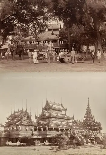 Untitled: (British soldiers, man on palequin, and indigenous workers); (ornate buildings, verso), by Unknown
