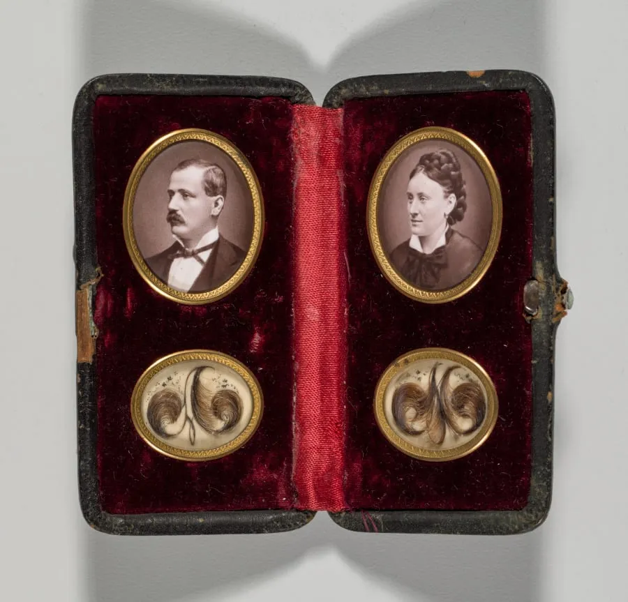 Untitled (Case with portraits of a man and woman and hair ornaments), by Unknown, 1874