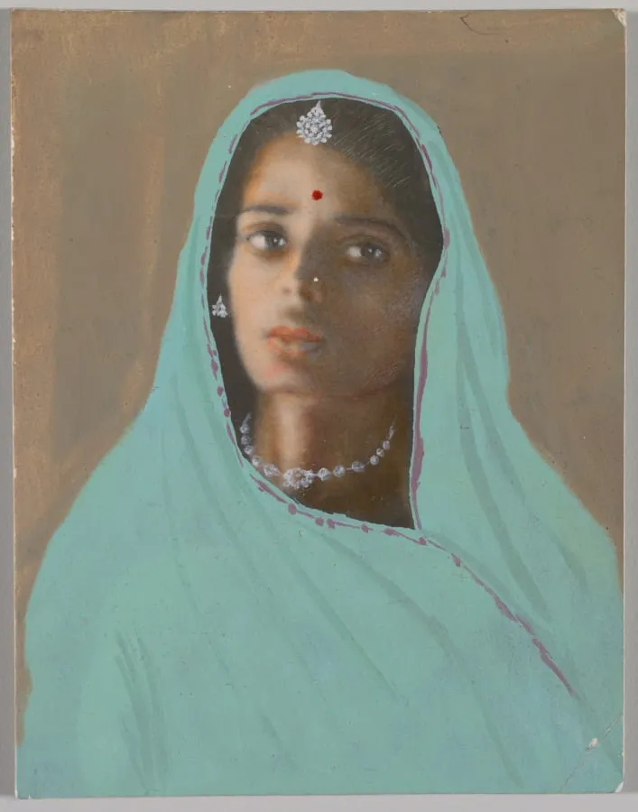 Untitled (Portrait of a Woman in Blue Sari and Veil), by Unknown, 1950