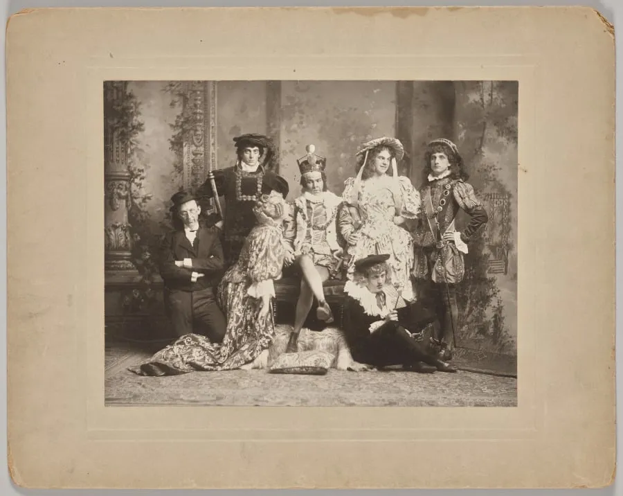 Untitled (theatrical scene with seven costumed figures), by Unknown, 1884