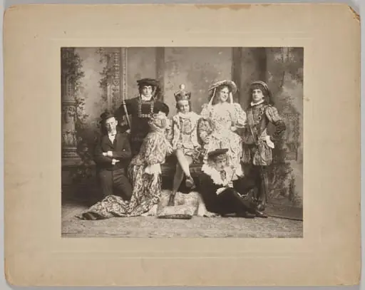 Untitled (theatrical scene with seven costumed figures), by Unknown