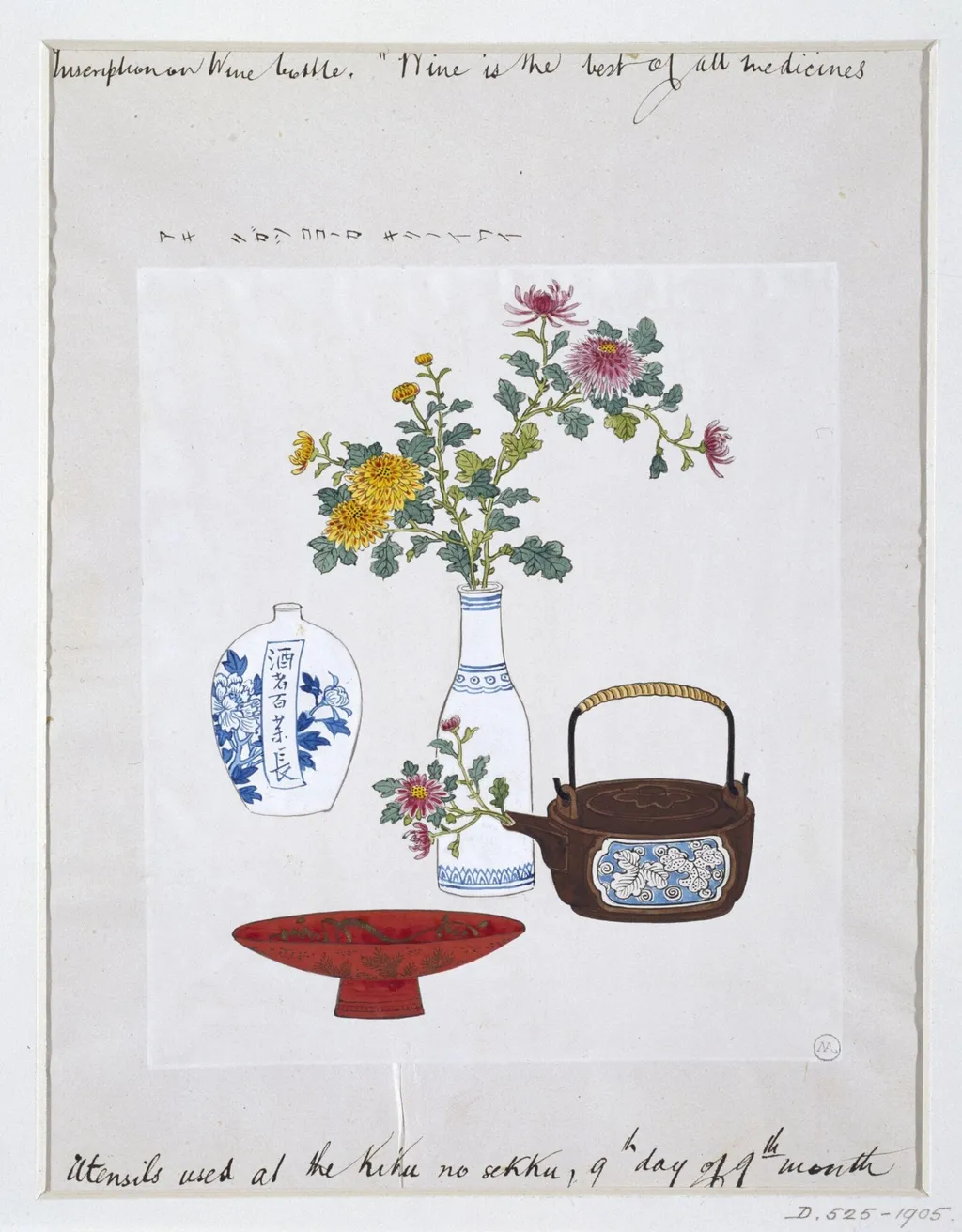 Utensils used at the Kiku no sekku, 9th day of 9th month, by Unknown, paint, 1877