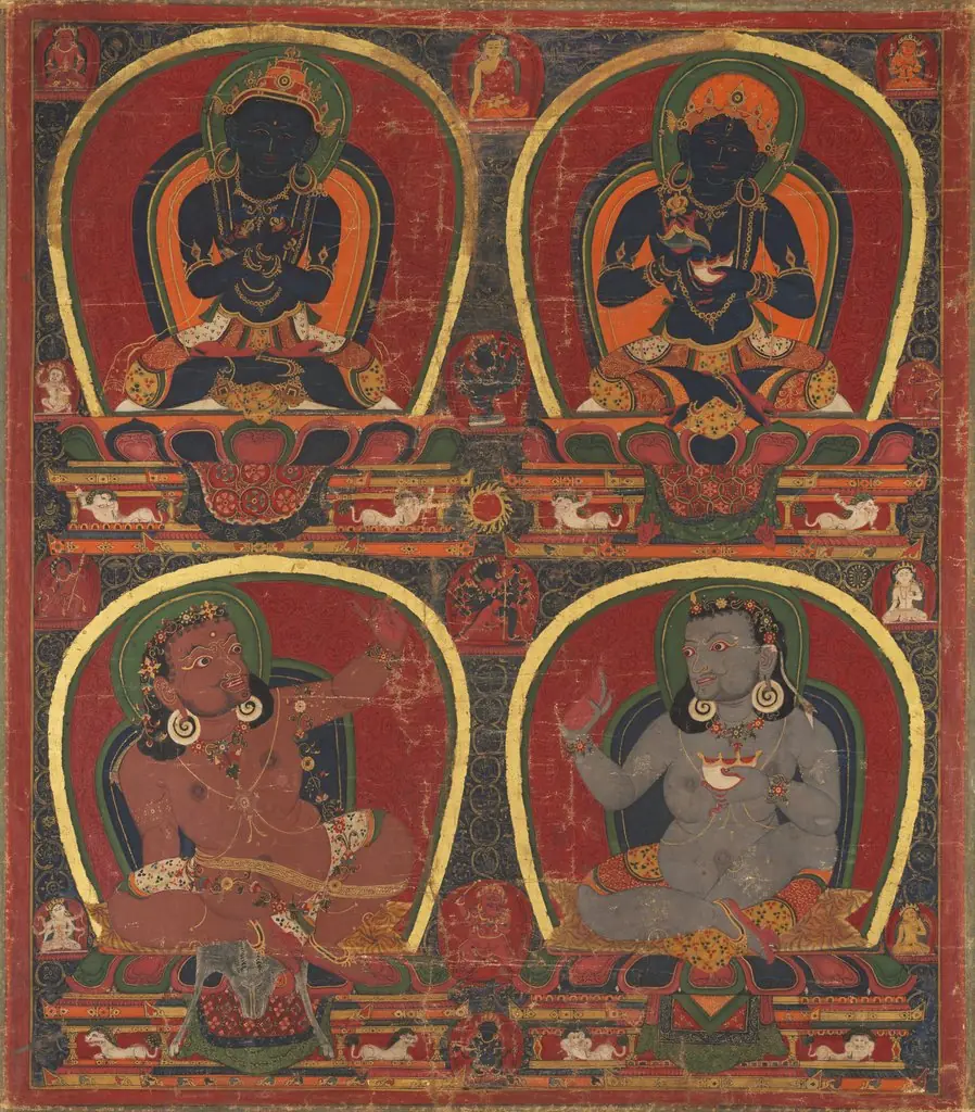 Vajradhara, Nairatmya, and Mahasiddhas Virupa and Kanha, by Unknown