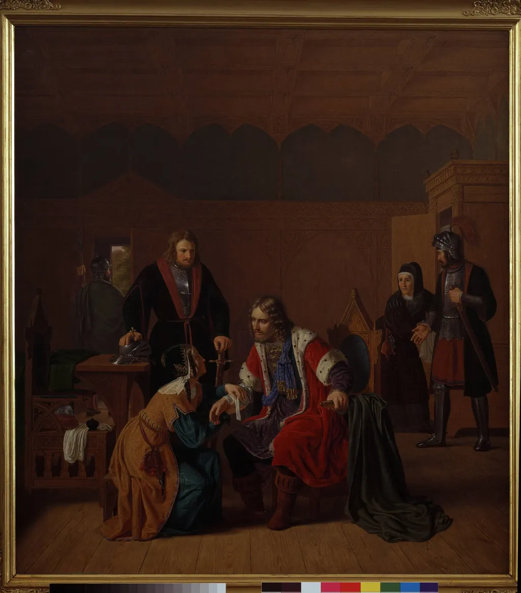 Valdemar den Store bliver forbundet i Absalons moders hus, hvor han har søgt tilflugt efter overfaldet i Roskilde, by Unknown, 1830