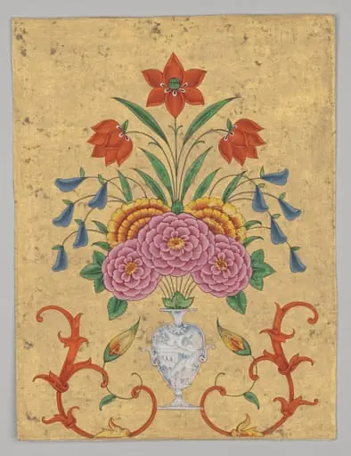 Vase with flower arrangement and scrollwork, by Unknown