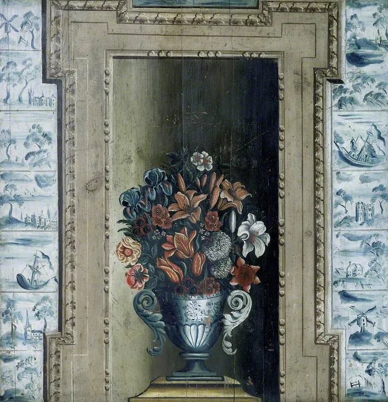 Vase with Flowers (chimney board), by Unknown, oil, 1730