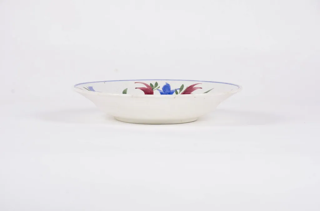 Vasul are formă tronconică fiind realizat din caolin. Fondul, interior-exterior, este alb iar decorul este floral-vegetal și acoperă interiorul vasului cu extensii pe buza acestuia. De asemenea pe buza vasului este pictată o linie circulară. Cromatică: fond: alb; motive: albastru; maro; verde; vișiniu., by Unknown, 1850