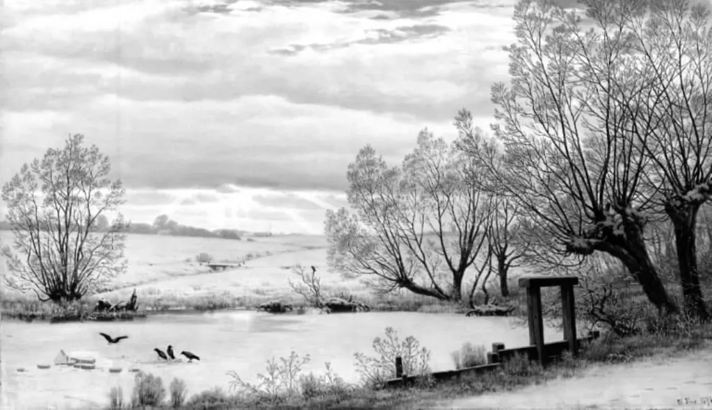 Ved en mølledam. Vinter, by Unknown, 1875