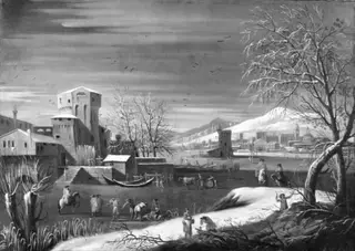 Ved en tilfrossen flod ligger et tårn, længere borte en by og i baggrunden snebedækkede bjerge, by Unknown, 1750