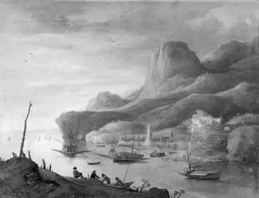 Ved høje bjerge ligger en italiensk søhavn med galejer og felukker, by Unknown