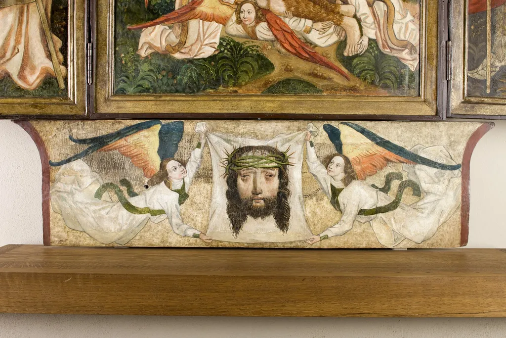 Veil of St. Veronica held by two angels. Altar retable from the church in Moszczenica Niżna – predella., by Unknown, unspecified, 1490