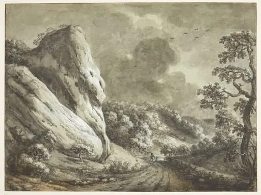 Vej mellem klipper og skovklædte skrænter, by Unknown