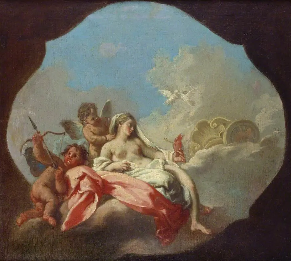 Venus and Cupid with a Putto in the Clouds, by Unknown