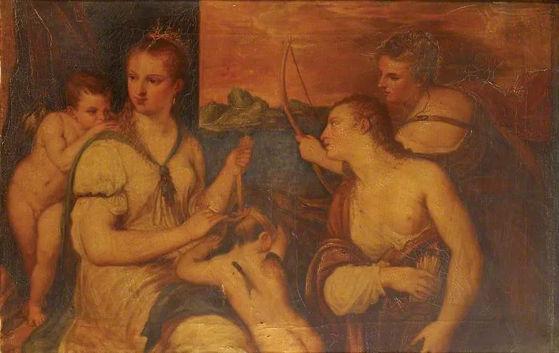 Venus blindfolding Cupid, by Unknown, oil, 1600