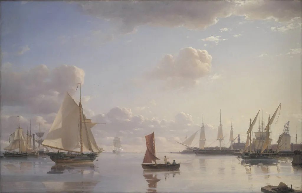 View from Langelinie towards the Royal naval Dockyards at Nyholm, Copenhagen. Morning Light, by Unknown, 1850