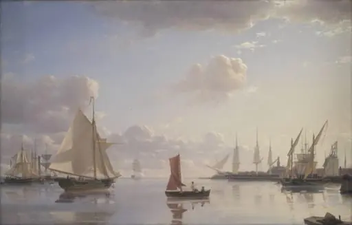 View from Langelinie towards the Royal naval Dockyards at Nyholm, Copenhagen. Morning Light, by Unknown