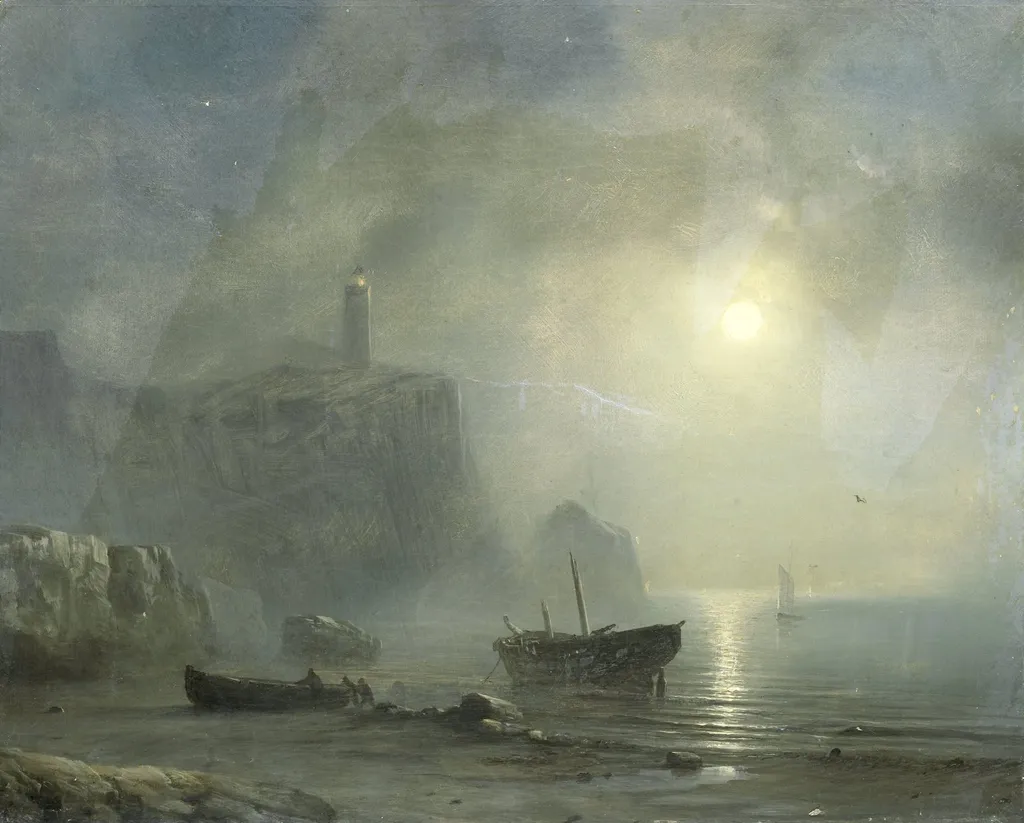 View of a Rocky Coast by Moonlight, by Unknown, unspecified, 1855