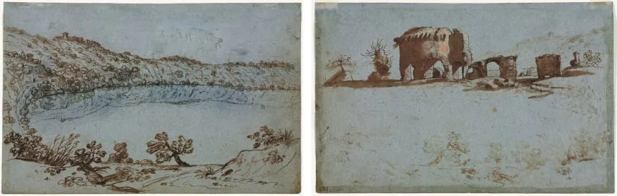 View of Lake Nemi (recto) Small Group of Roman Ruins (verso), by Unknown, 1650