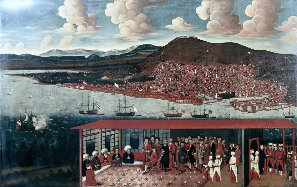 View of Smyrna (Izmir) and the Reception Given to Consul de Hochepied in the Council Chamber, by Unknown, 1705