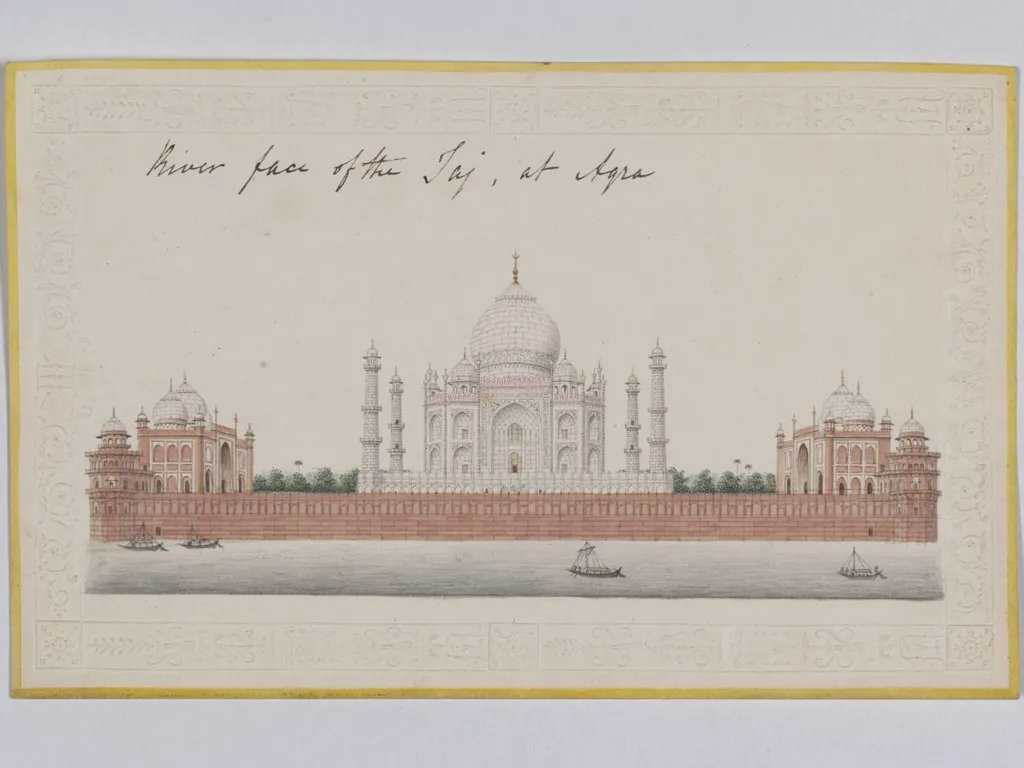 View of the Taj Mahal from across the Jumna river., by Unknown, paint, 1820