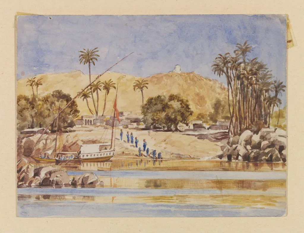 View on the Nile, opposite Aswan, by Unknown, watercolor, 1885