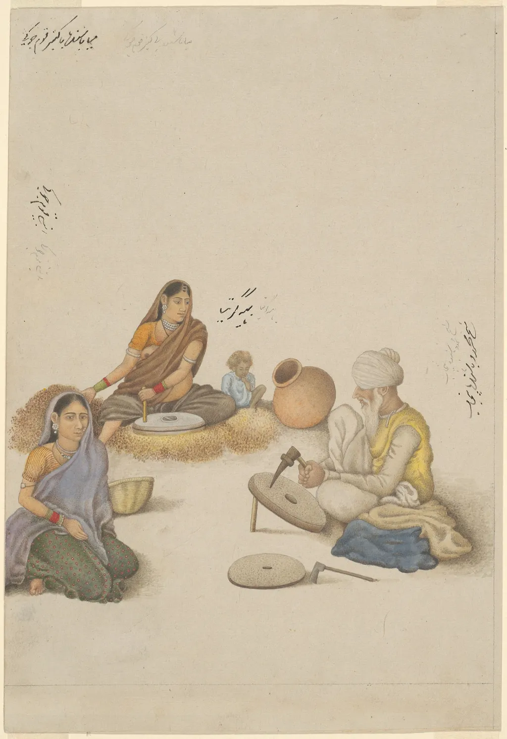 Villagers Grinding Corn, page from the Fraser Album, by Unknown, unspecified, 1820