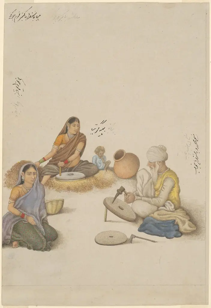 Villagers Grinding Corn, page from the Fraser Album, by Unknown