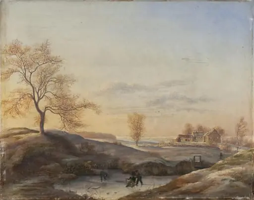 Vinterlandskab fra Frederiksdal med skøjteløbere, by Unknown