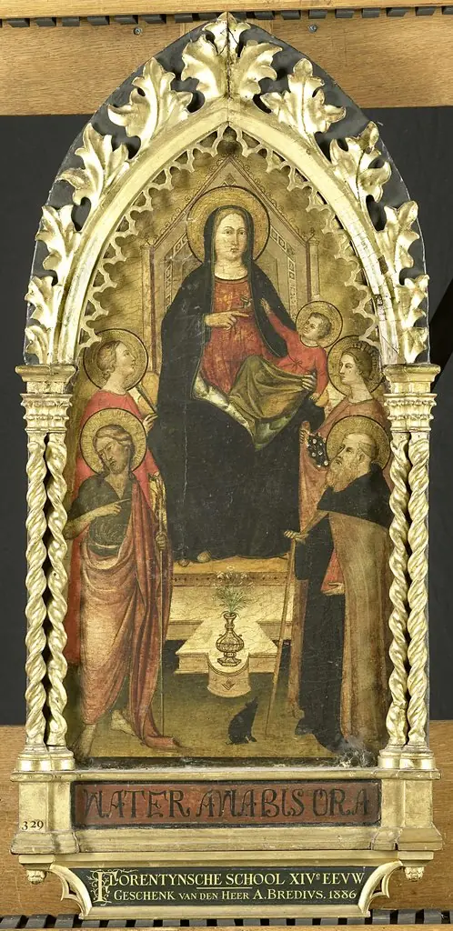 Virgin and Child Enthroned with Four Saints, Saints John the Baptist, Antony Abbot, Elizabeth of Hungary, a female saint, by Unknown, 1350