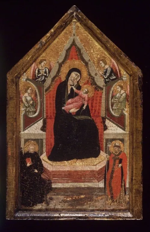 Virgin and Child Enthroned with Saints Benedict and Donato (?) and Four Angels, by Unknown, unspecified, 1325