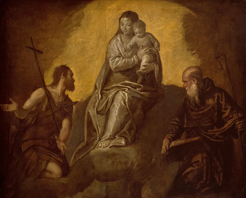 Virgin and Child with Saints John the Baptist and Anthony Abbot, by Unknown, oil, 1600
