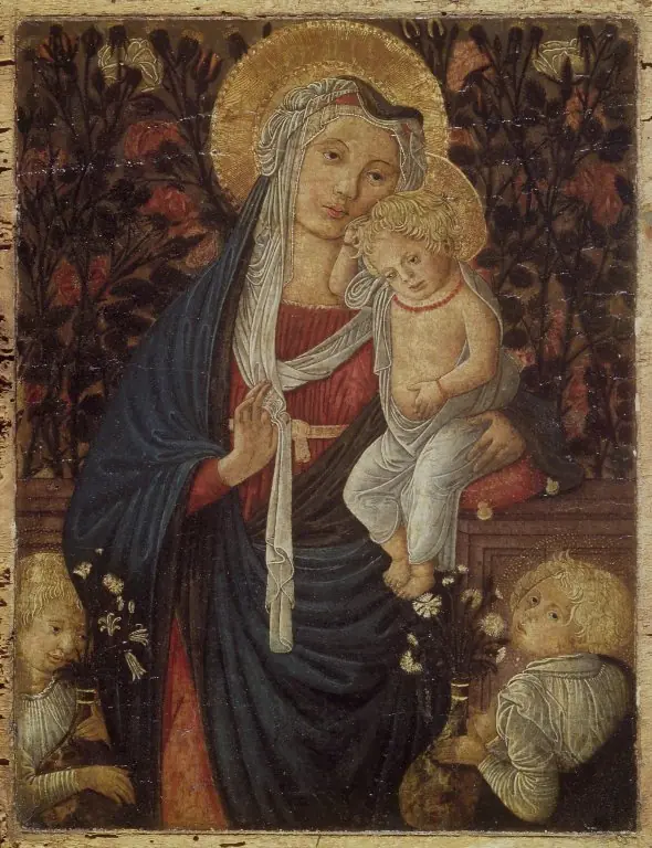 Virgin and Child with Two Angels Before a Rose Hedge, by Unknown