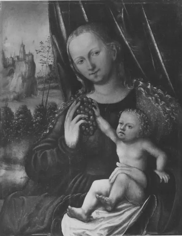 Virgin with child and bunch of grapes, by Unknown
