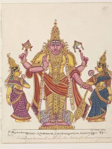 Vishnu as Varadarajaswami with his two 'shaktis', Shri Devi and Bhumi Devi., by Unknown