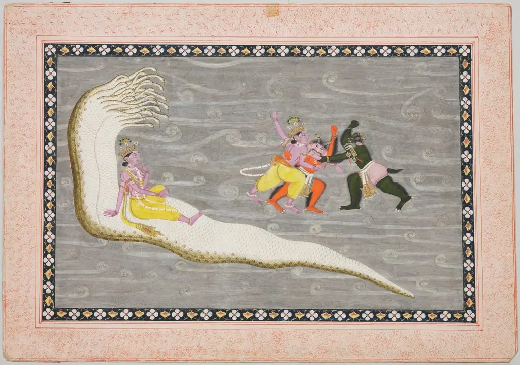 Vishnu on Serpent Shesha and Vishnu Battling Demons Madhu and Kaitabha, by Unknown