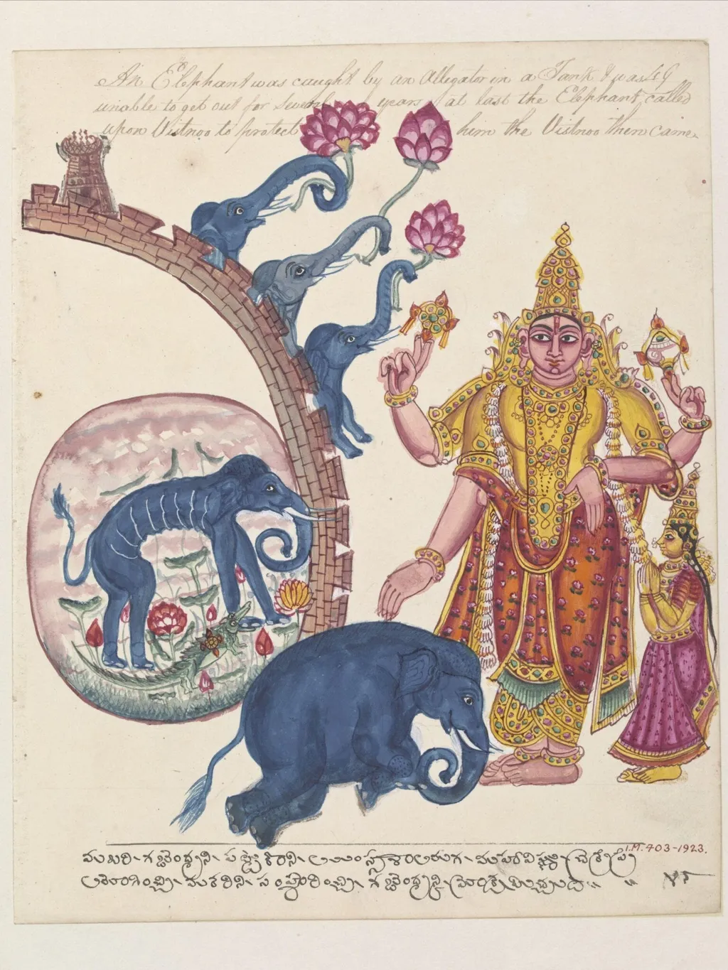 Vishnu saving the elephant, Gajendra - 'Gajendramoksha'., by Unknown, paint, 1820