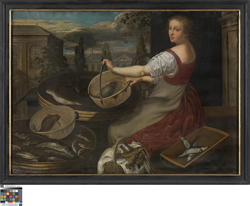 Visverkoopster, by Unknown, oil, 1651