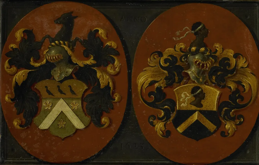 Wapenbord met de wapens van Boudaen en Fourmenois, 1623 (het wapen van Fourmenois omgewend), by Unknown, oil, 1623