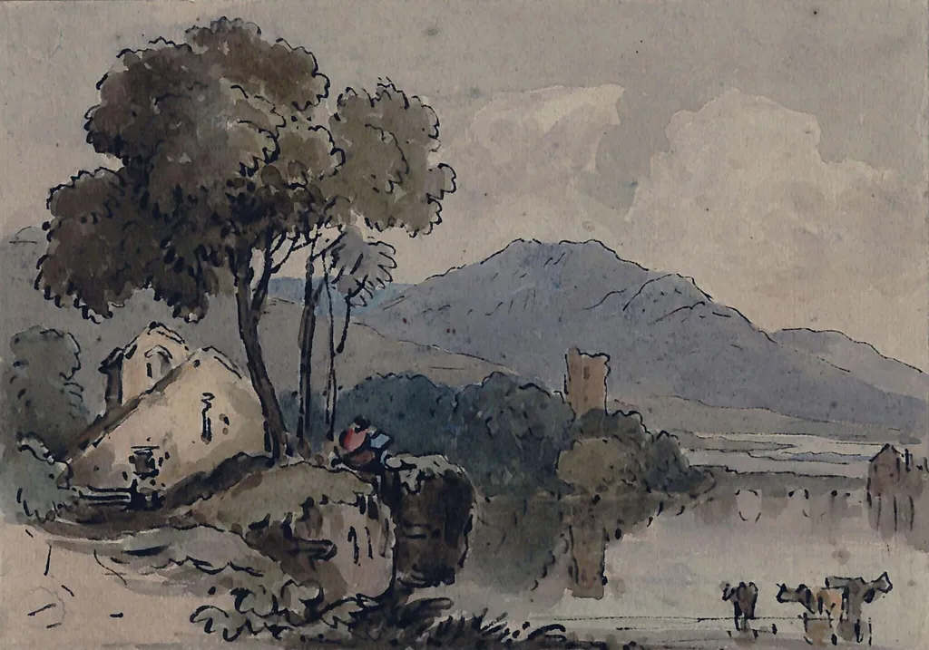 Watercolour landscape with cows in a lake, by Unknown, watercolor, 1850