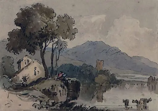 Watercolour landscape with cows in a lake, by Unknown