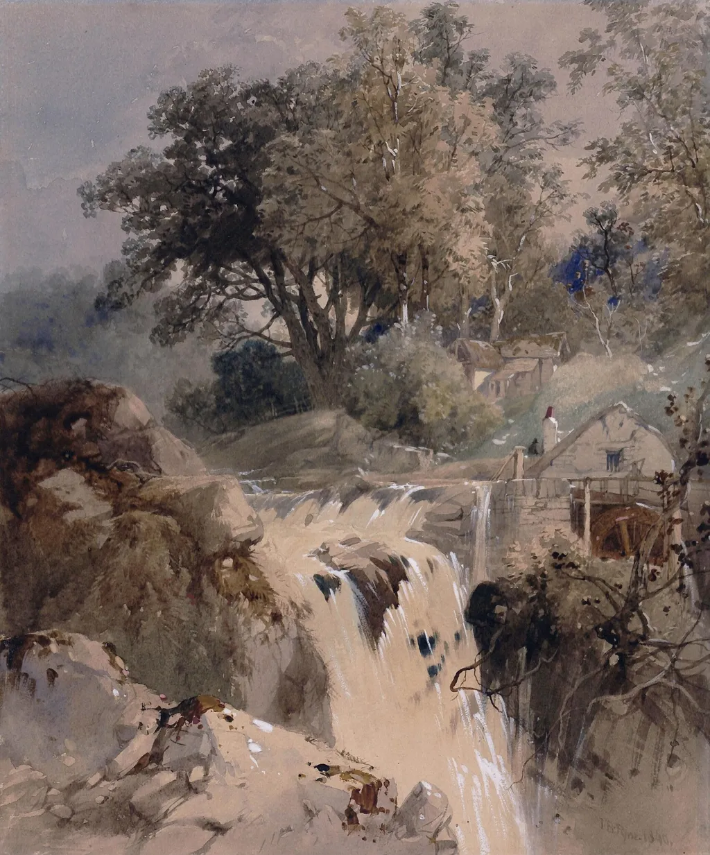 Waterfall, by Unknown, watercolor, 1840